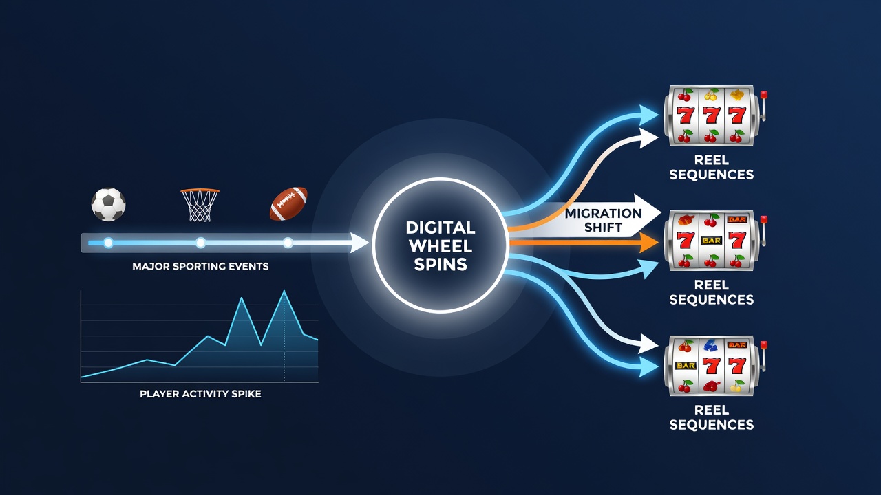 Infographic of player flow between digital roulette wheels and slot reels during live sports broadcasts