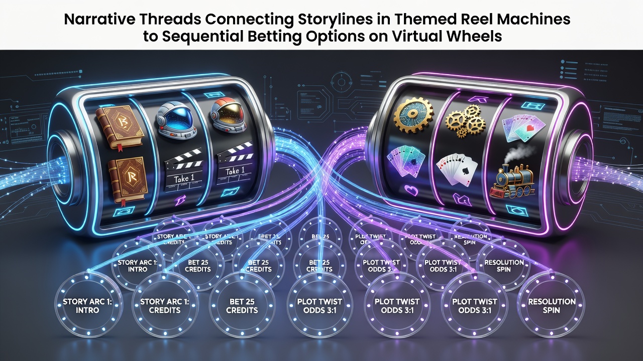 Themed reel machines displaying interconnected storylines that transition into virtual wheel betting sequences