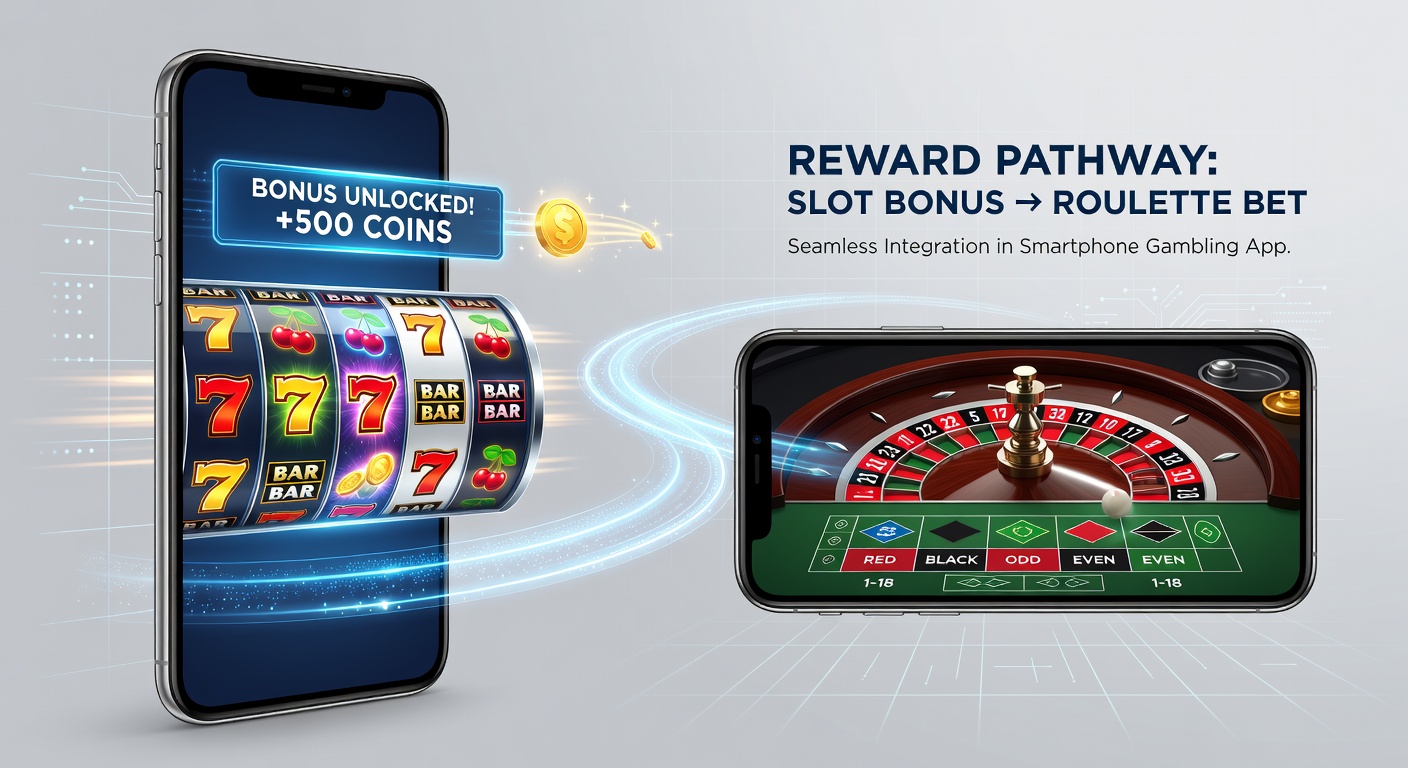 Mobile app interface showing reward pathway from slot bonus screen to roulette betting options