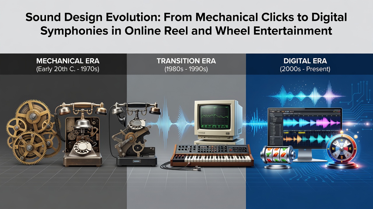 Modern digital interface showing online slot reels with layered sound waveforms and immersive audio controls